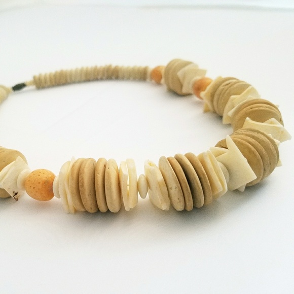 Boho Shell Wood Beaded Stacked Geometric Necklace - Picture 3 of 4
